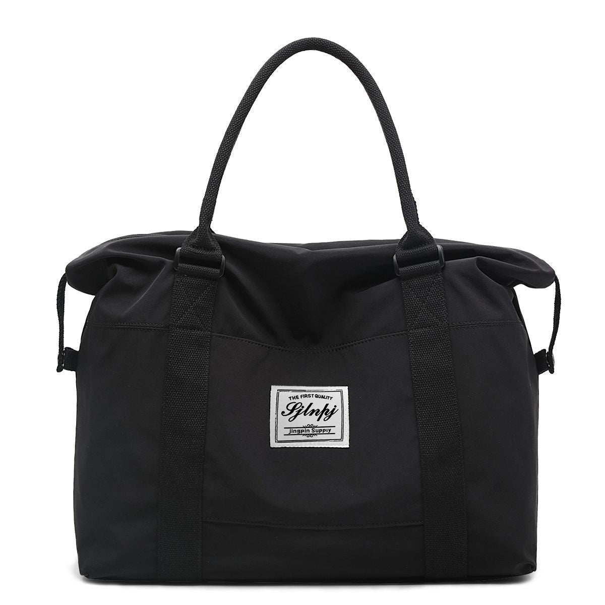 Black nylon weekender travel bag, front view