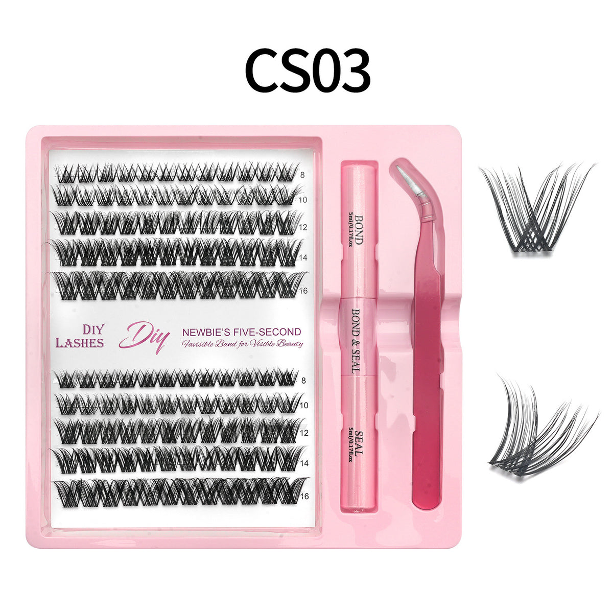 Lash cluster style CS03 in a 10 row tray with dual-ended glue pen, tweezers and a close-up of the cluster shape