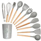 Light gray silicone utensil set spread in a fan beside its matching holder