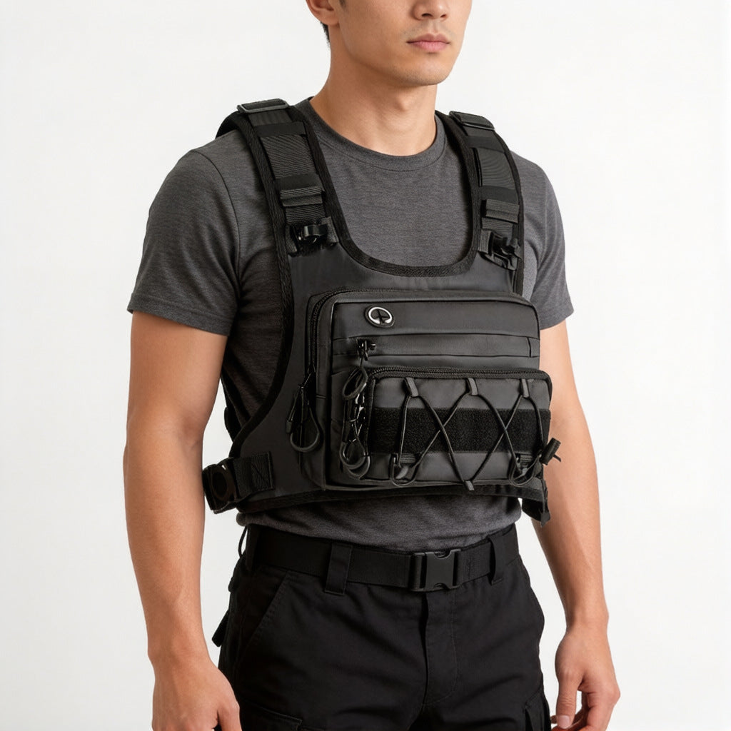 Front view of the hydration chest rig showing the zipped main pocket and bungee laced pocket