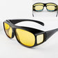 Yellow lens driving glasses with a black large frame and side lens panel, plus a back view inset
