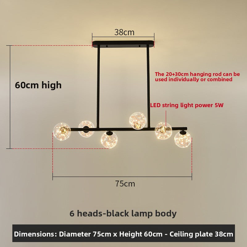Black pendant light with six starry glass shades and a 5 W LED string, 75 cm across and 60 cm high, 3-color LED option