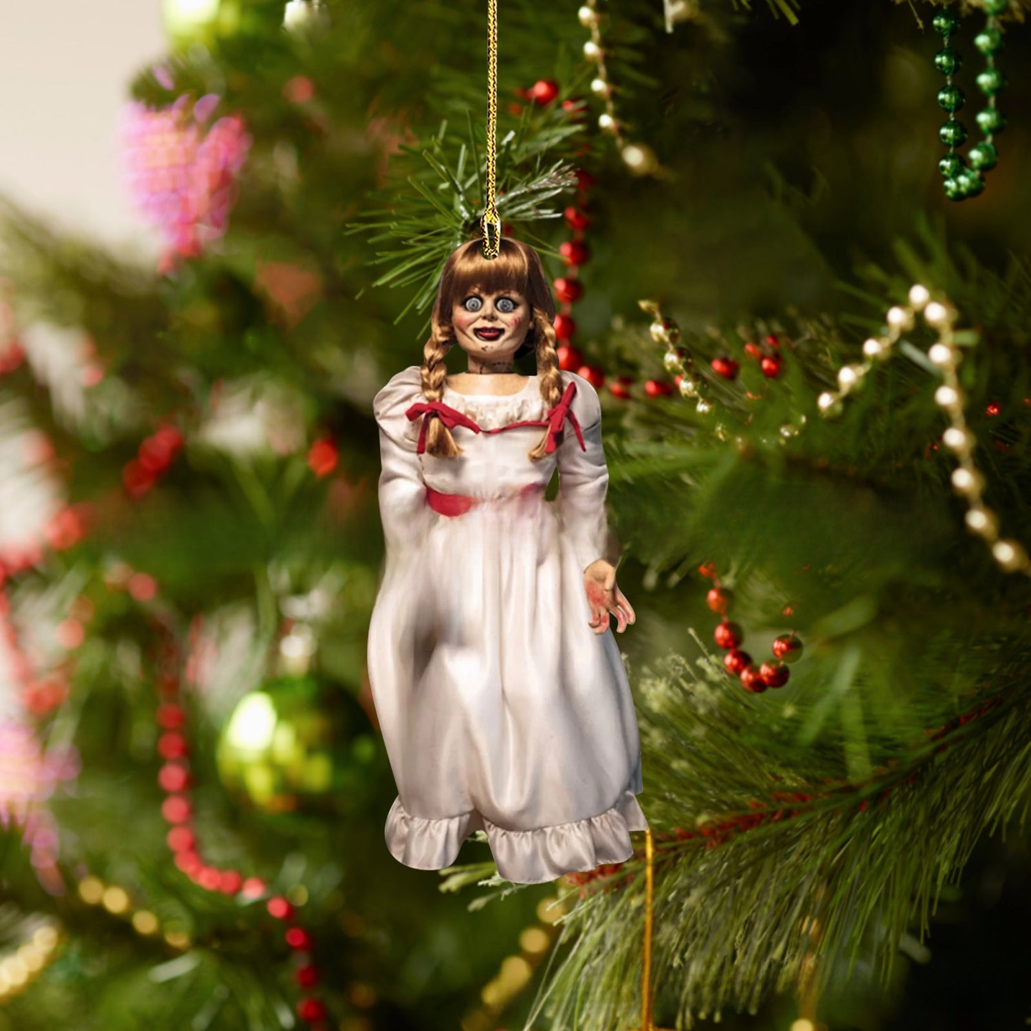 Masked horror figure acrylic ornament with a blade hanging from a car rear view mirror