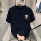 Black crew neck T-shirt with a small cream panda face and good luck print on the chest, option photo for size XL