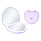 Purple heart shaped LED makeup mirror shown open with a lit mirror and closed heart back