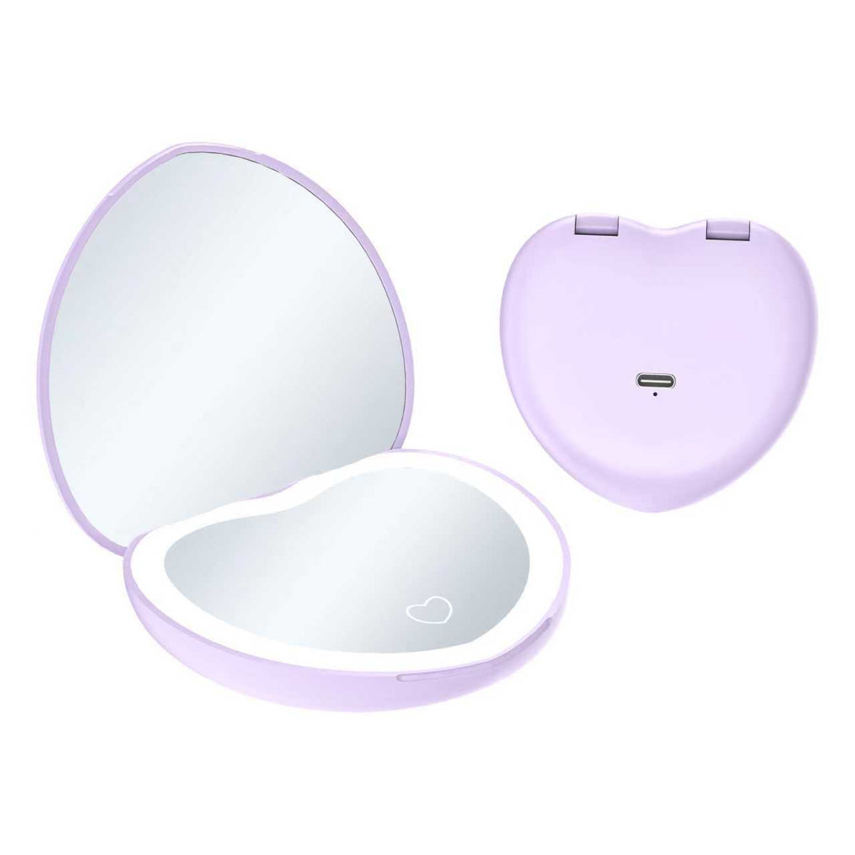 Purple heart shaped LED makeup mirror shown open with a lit mirror and closed heart back