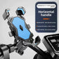 Blue ABS four corner phone mount clamped to a handlebar next to the scooter display
