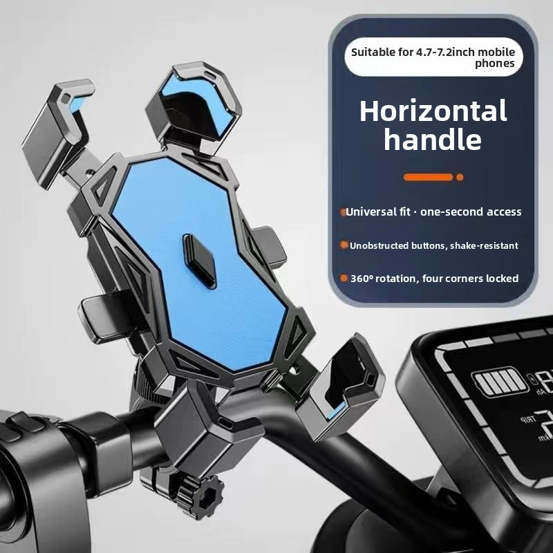 Blue ABS four corner phone mount clamped to a handlebar next to the scooter display