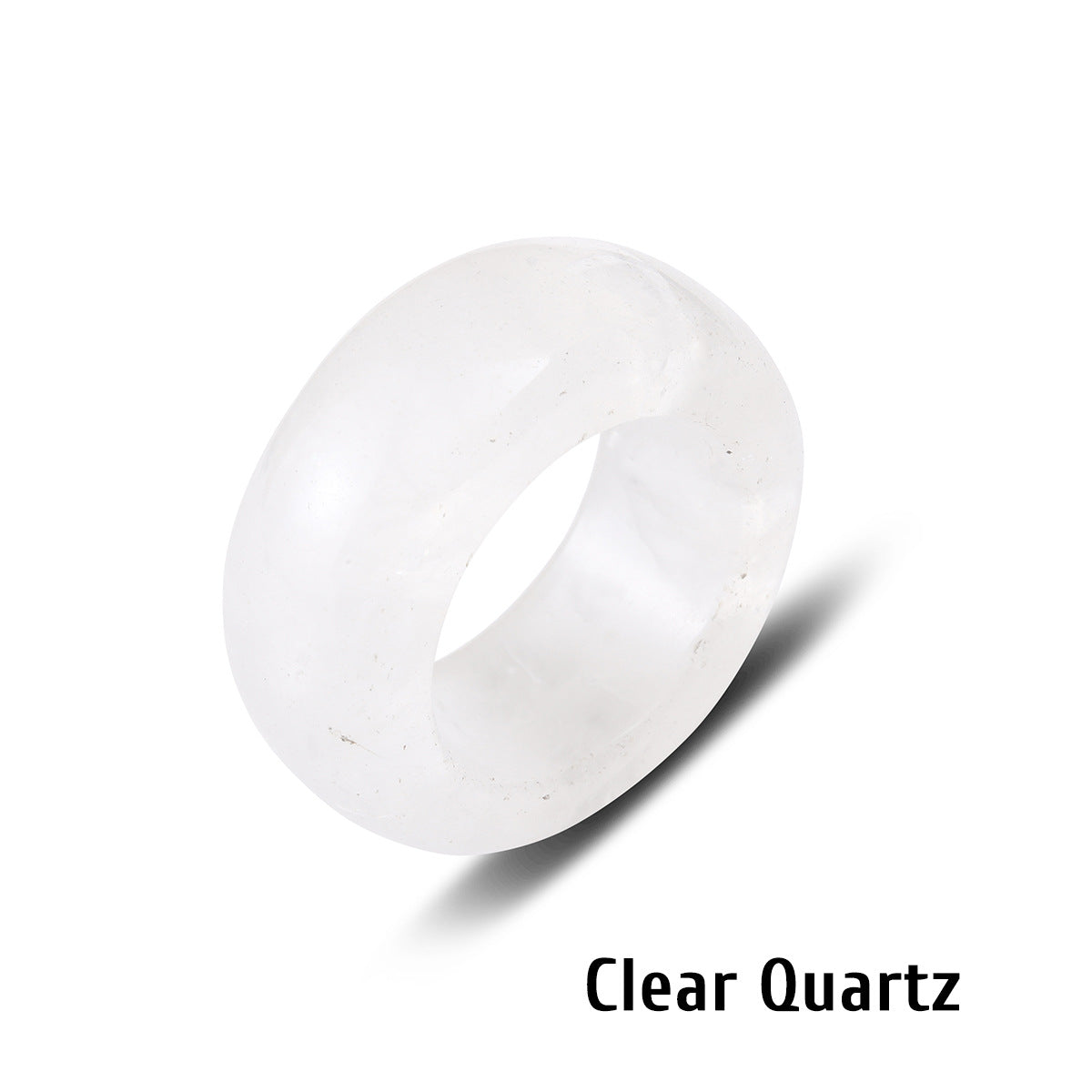Clear quartz stone ring carved solid on a white background