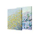 Two frameless textured canvas art prints, yellow blossom and pastel hydrangea palette knife designs
