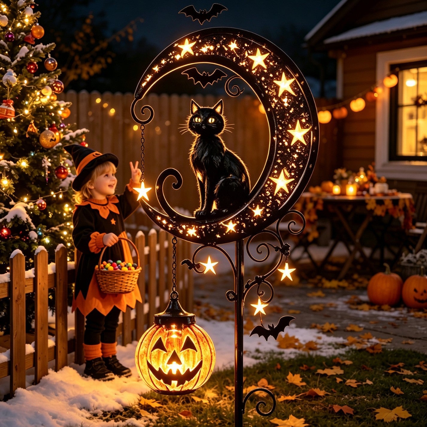 Black cat and moon solar stake light with pumpkin lanterns set in a flower border