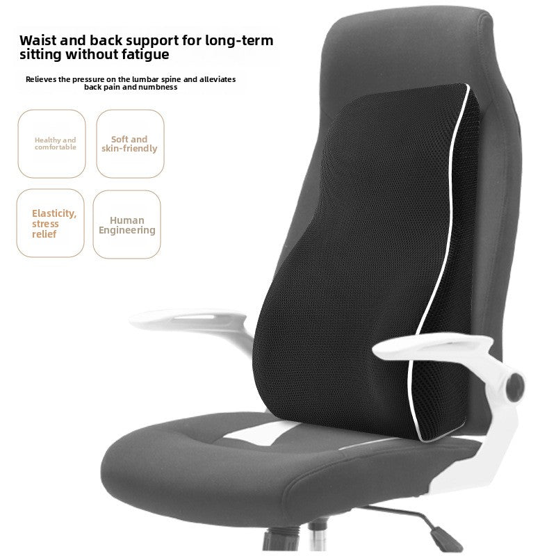 Black contoured back cushion mounted on a grey office chair with white armrests