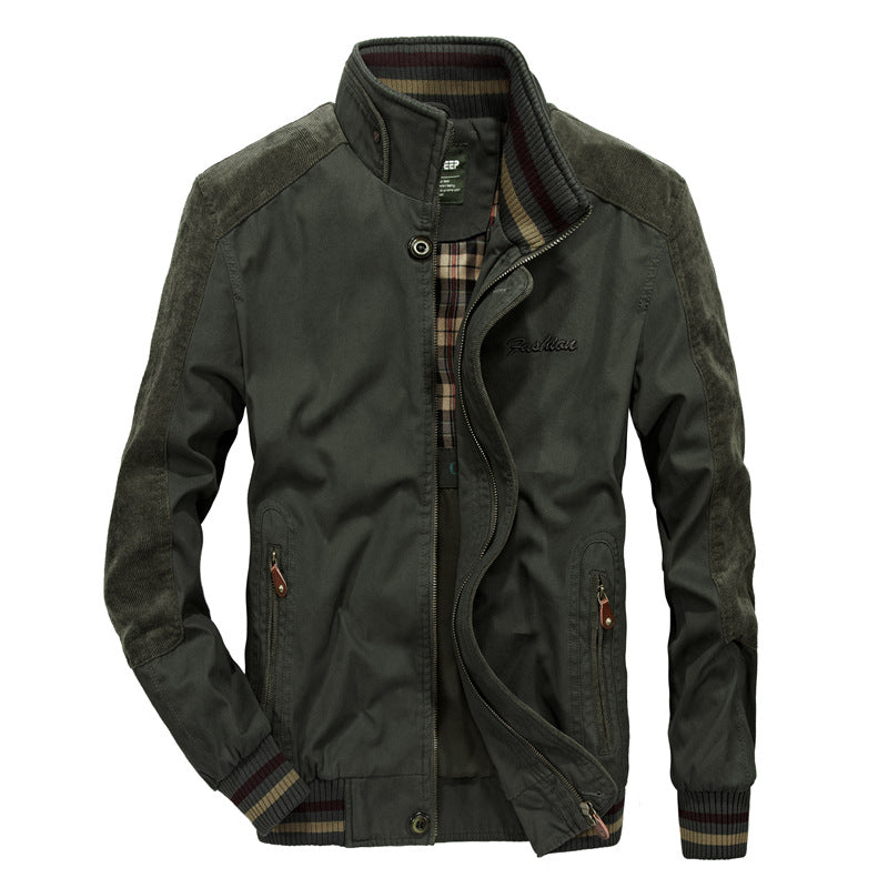 Army green stand collar cotton bomber jacket with striped ribbed cuffs and hem, size XXXL option