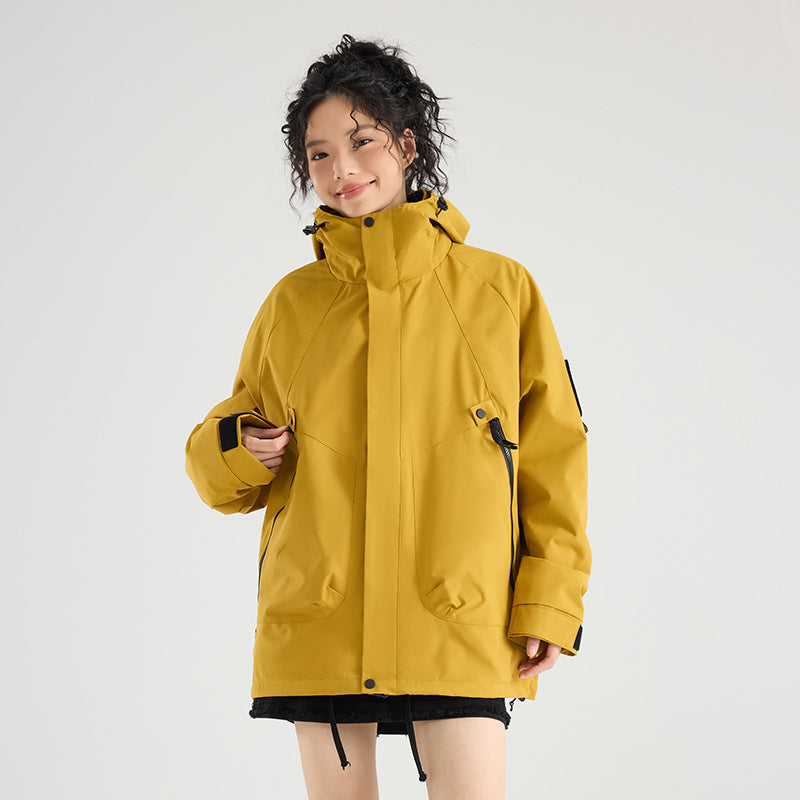 Three in one water resistant outdoor jacket with attached hood and zip in fleece liner, polyester shell