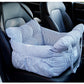 Padded car seat pet bed with raised bolster walls, carry handles and an inner clip product shot on a plain background