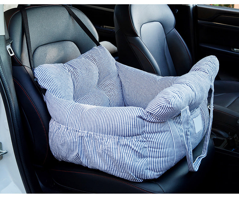 Padded car seat pet bed with raised bolster walls, carry handles and an inner clip product shot on a plain background