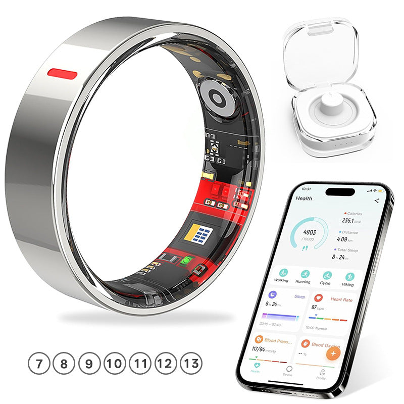 Smart ring in sizes 7 to 13 with a see through view of the inner circuit board