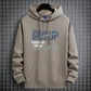 Khaki fleece-lined hooded sweatshirt on a hanger with a NEVER GIVE UP print and a front pocket