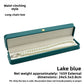Open lake blue crown clasp necklace box with a pearl necklace, marked size 24 by 5.5 by 3.8 cm