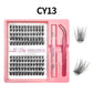 Lash cluster style CY13 in a 10 row tray with dual-ended glue pen, tweezers and a close-up of the cluster shape