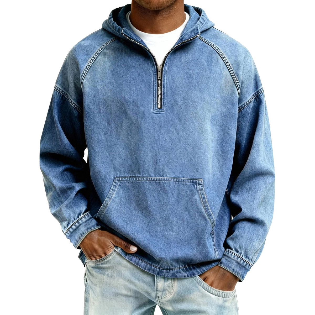 Light Blue variant, size 2XL: light blue washed half zip hoodie on a male model with light jeans