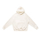 Cream pullover hoodie with front pouch pocket and rib knit cuffs flat on white, size S option