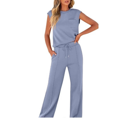 Sleeveless top and wide-leg pants laid flat to show the matched fabric