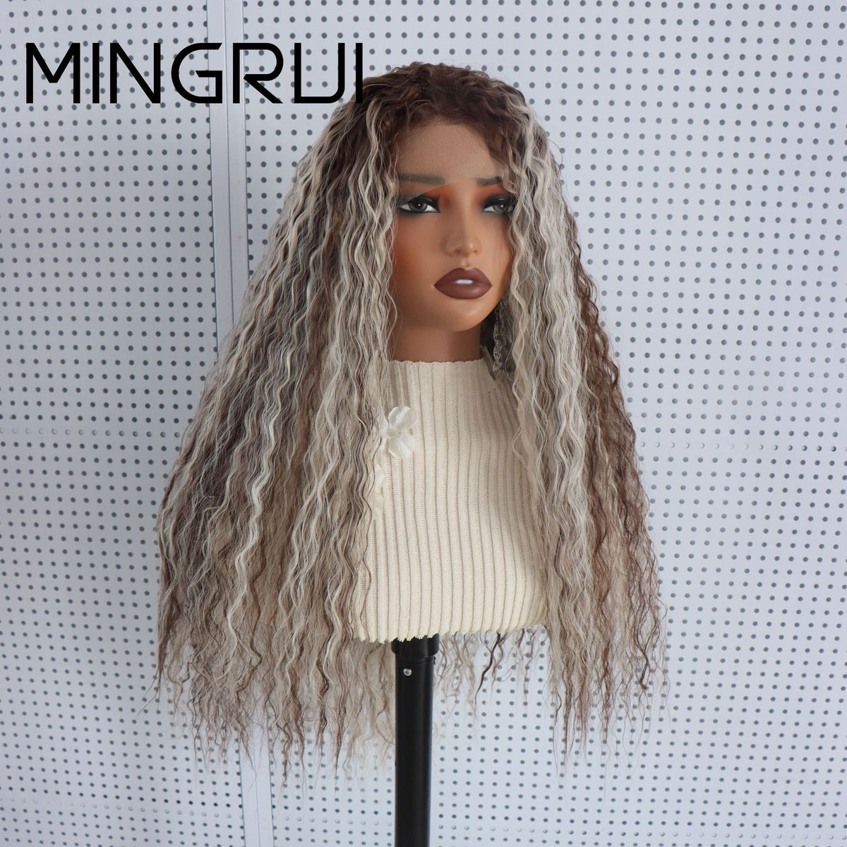Front view of a 26 inch brown and platinum blonde textured wave lace front wig on a mannequin