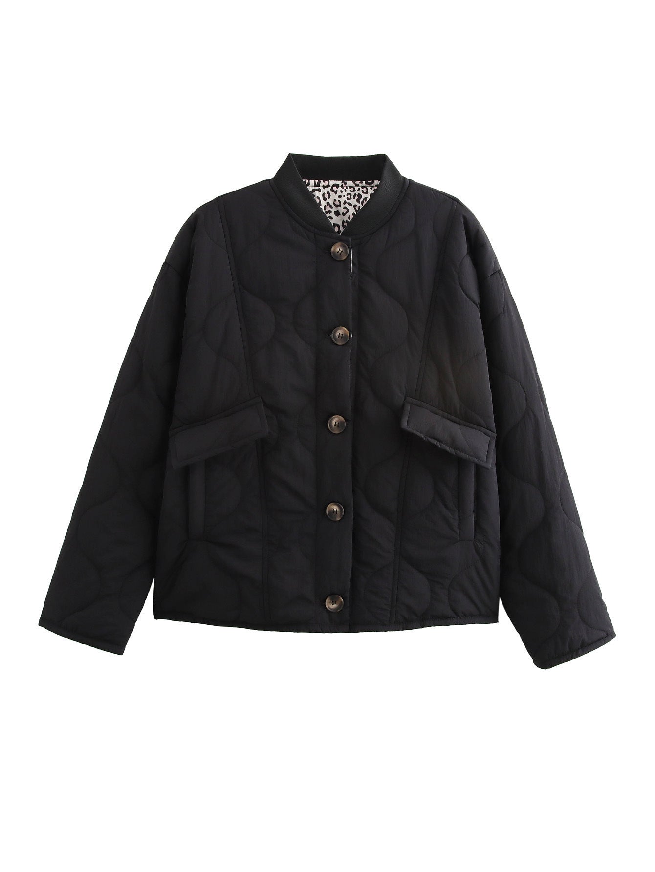 Black onion quilted padded jacket with ribbed stand collar and leopard lined cuffs
