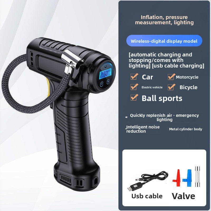 Black cordless handheld tire inflator with digital display and wrapped air hose, feature callout panel