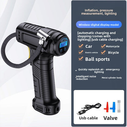 Black cordless handheld tire inflator with digital display and wrapped air hose, feature callout panel