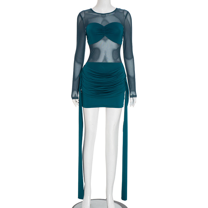 Mesh ribbon mini dress worn in an evening lifestyle scene