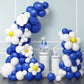 Close up of a white foil daisy flower set among pastel macaron balloons