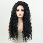 Styled long curly synthetic lace wig shown on a head form