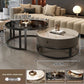 Round nesting tables, black frame, gray cabinet, white stone and black glass tops, labeled 70 CM and 50 CM