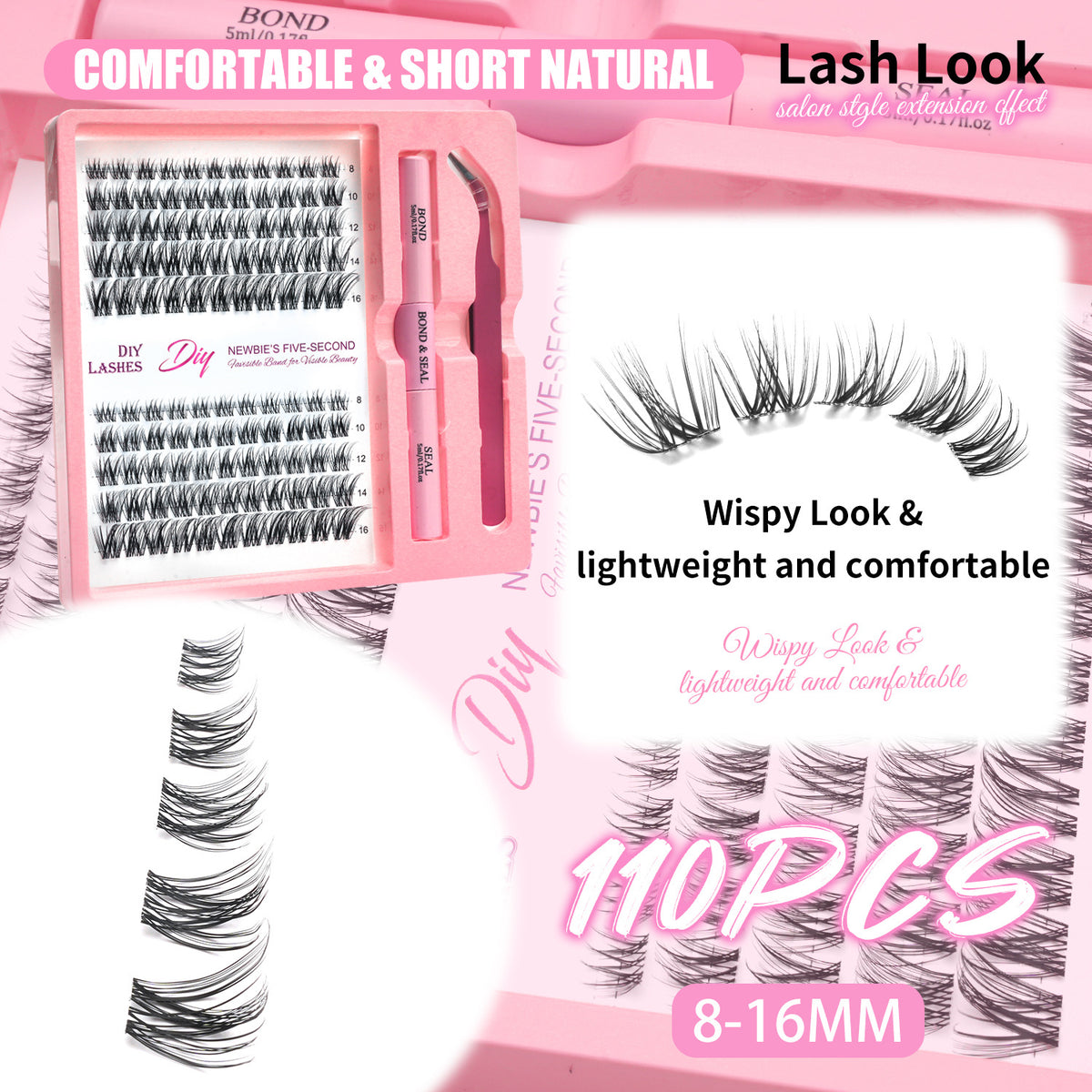 Wispy lightweight natural lash clusters in a pink DIY lashes tray, 110 pieces from 8 to 16 mm
