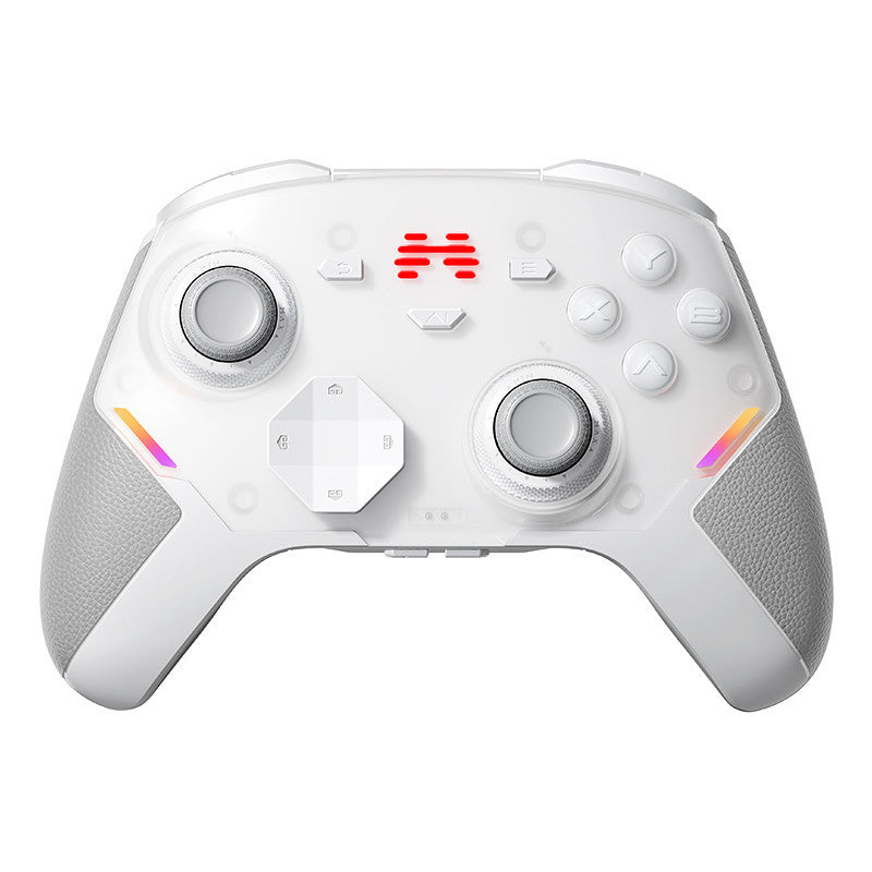 White wireless gaming controller front view with dual analog sticks and red indicator window