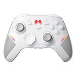 White wireless gaming controller front view with dual analog sticks and red indicator window