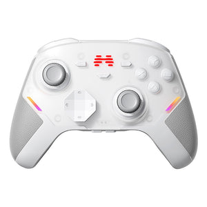 White wireless gaming controller front view with dual analog sticks and red indicator window