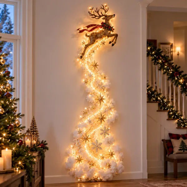 Illustrated Christmas wall display with a leaping reindeer above a trail of lights and stars, Reindeer option