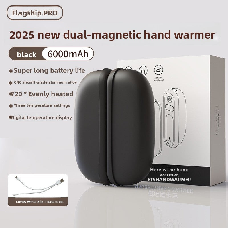 Black magnetic hand warmer with 6000 mAh label standing in front of its retail box, product photo
