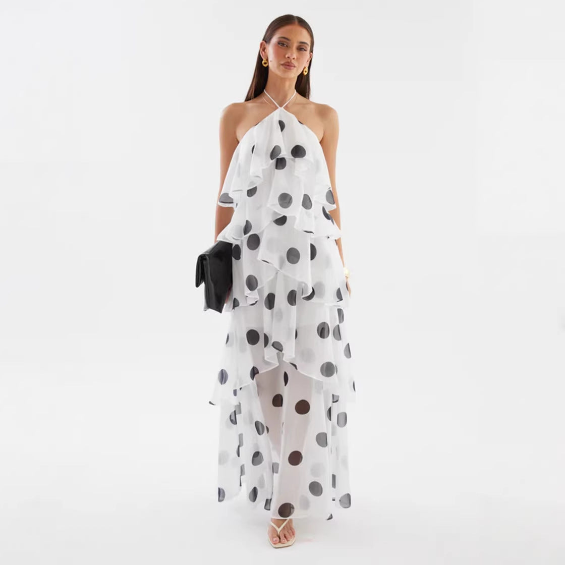 White polka dot tiered chiffon maxi dress, front view