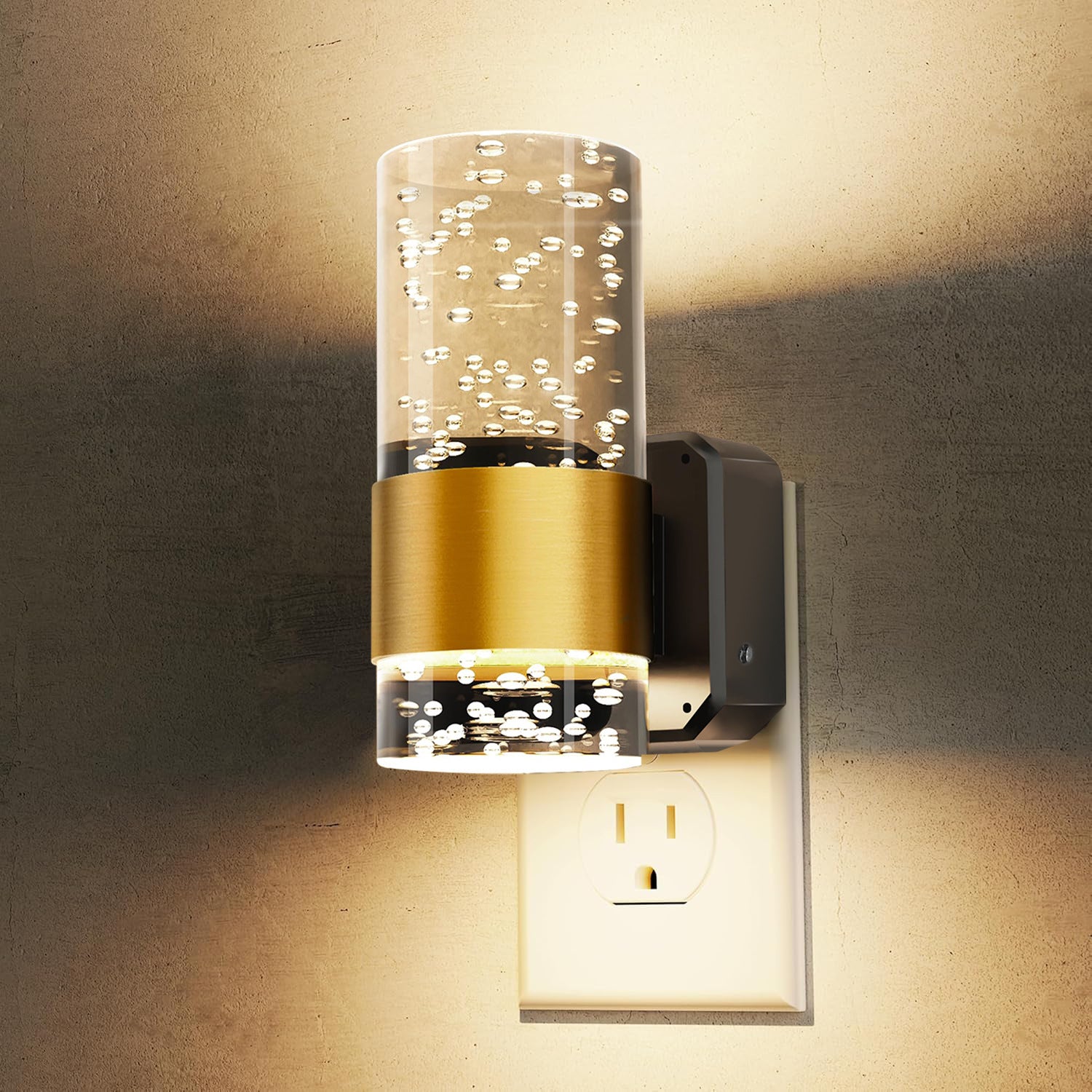 Black white and acrylic plug in LED night lights shown as a set