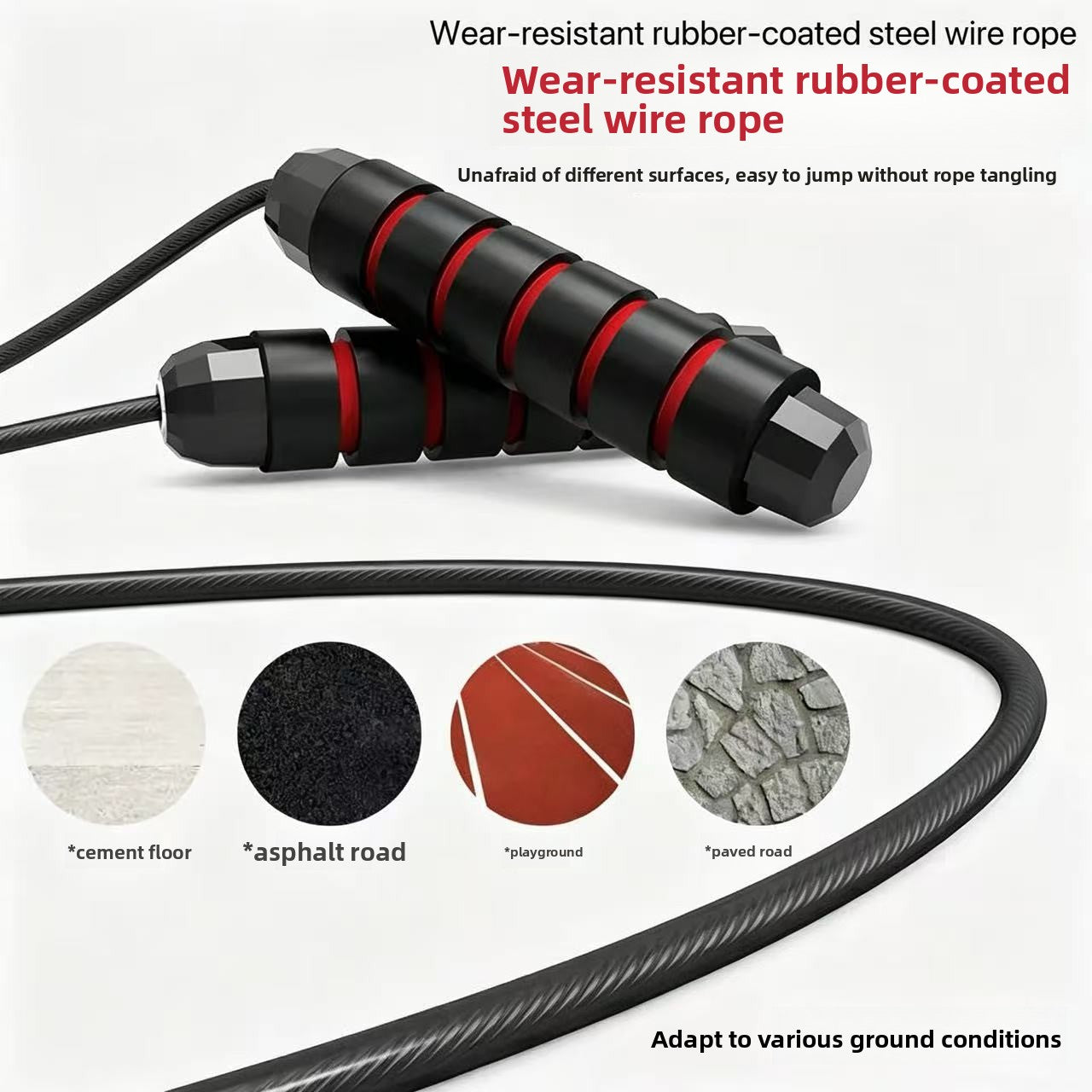 Coated steel cable of the speed skipping rope shown curving across a pale ground