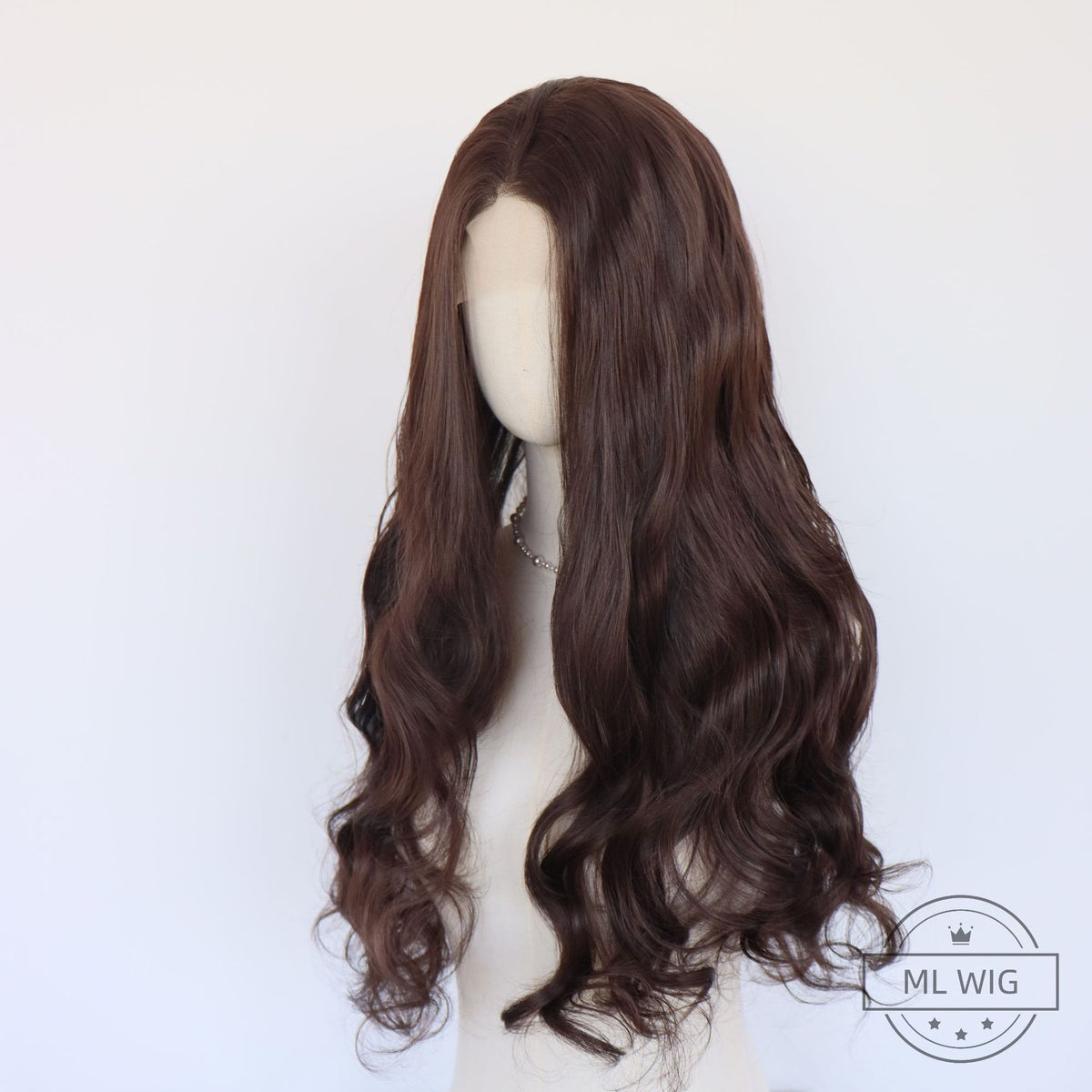 Dark brown long wavy lace front wig seen from the side, waves falling past the shoulders