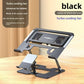 Black laptop stand with a vented black semiconductor cooling module and a fold-out phone holder