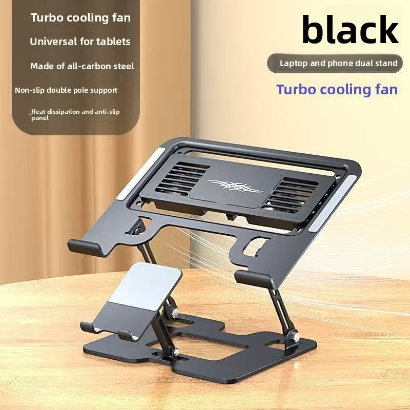Black laptop stand with a vented black semiconductor cooling module and a fold-out phone holder
