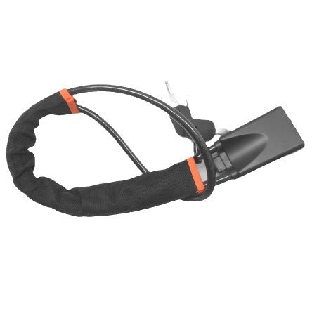 Car steering wheel cable lock shown with two keys and the lock body