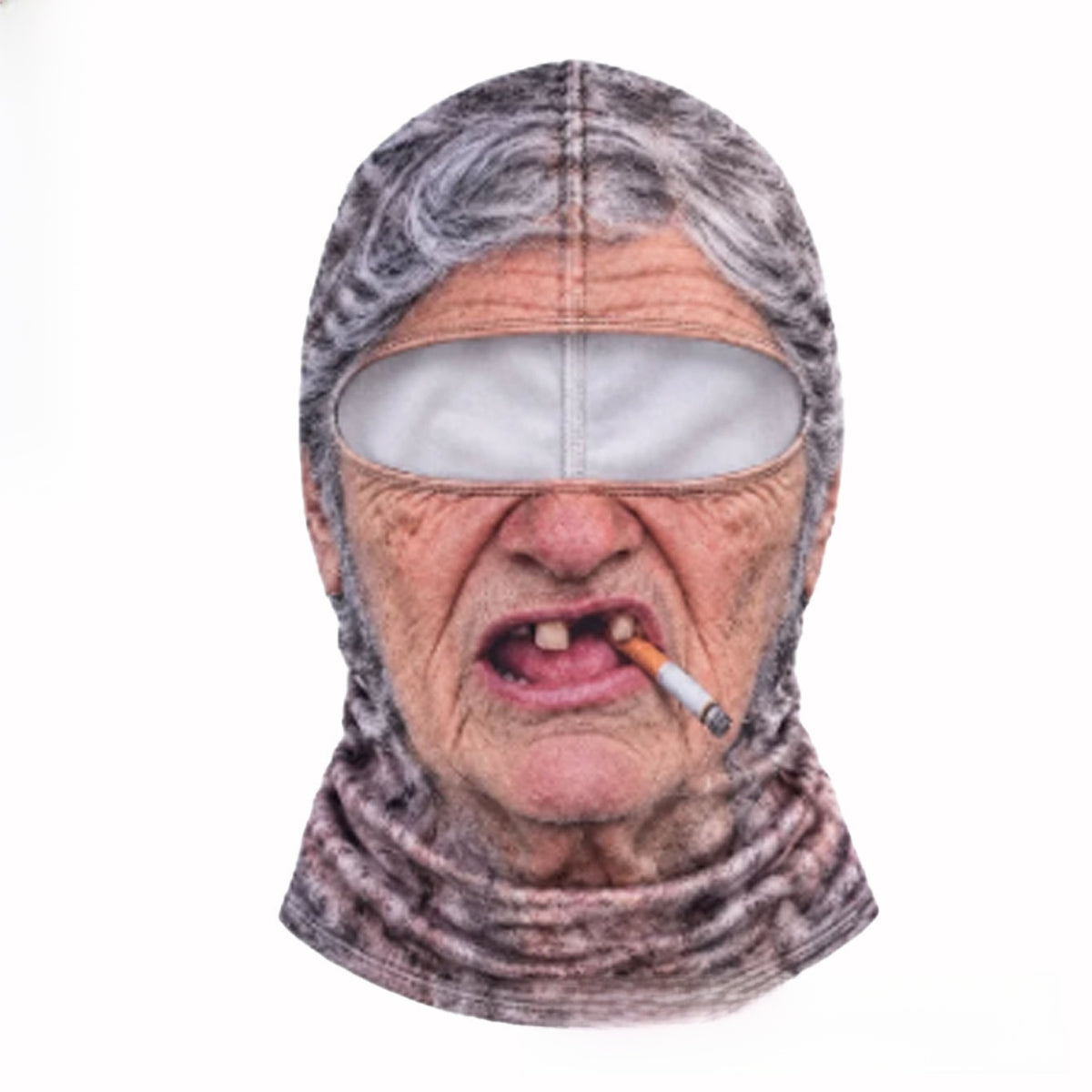 Printed elder face balaclava with grey hair, missing tooth and cigarette, shown on a white background