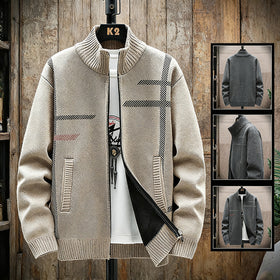 Men's Fleece Lined Full Zip Knit Cardigan with Stand Collar